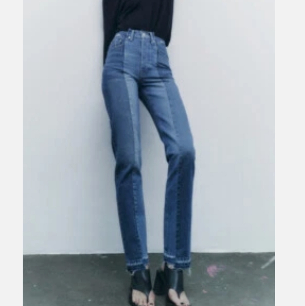 ZARA Blue Contrast Cropped Straight Leg Jeans